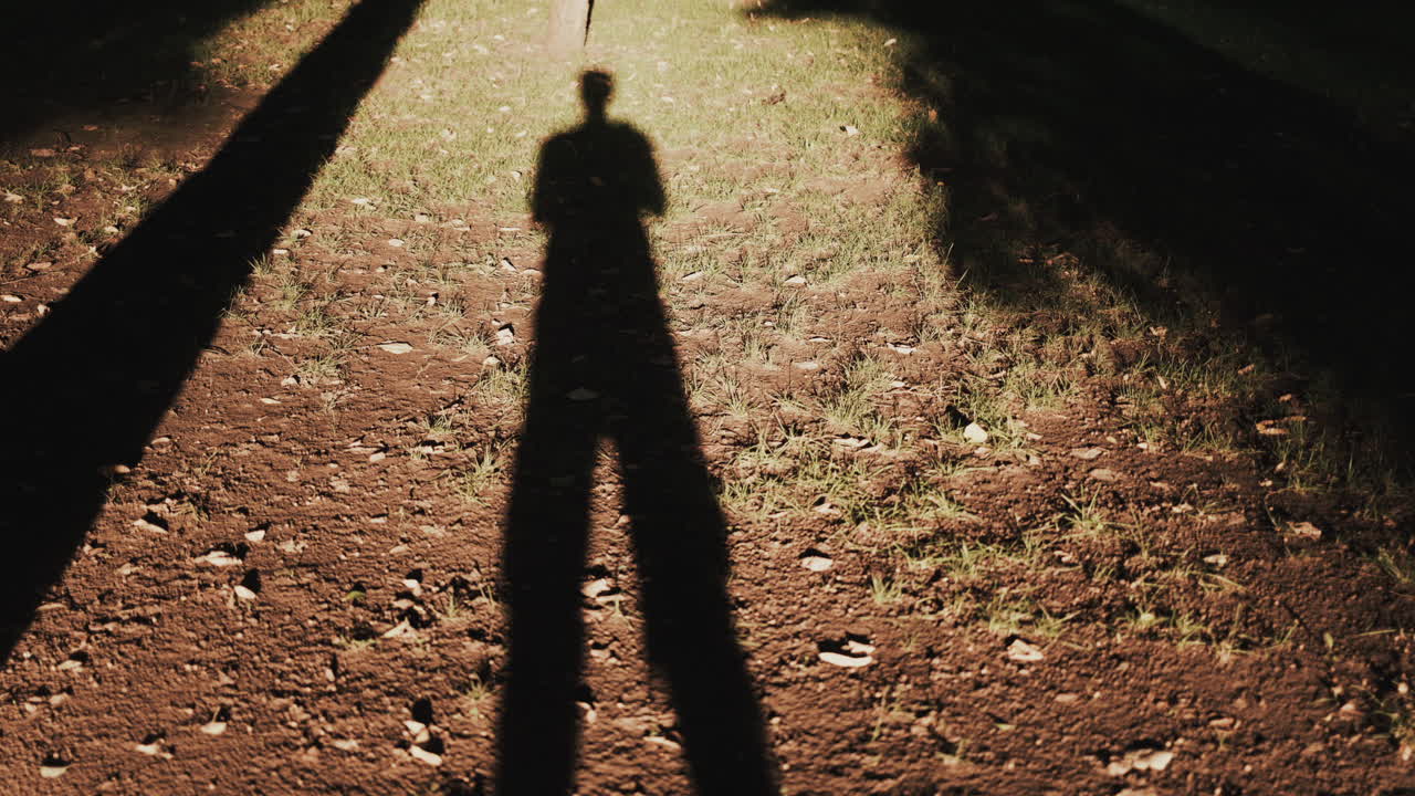 Long human shadow stretching on earthy ground during golden hour