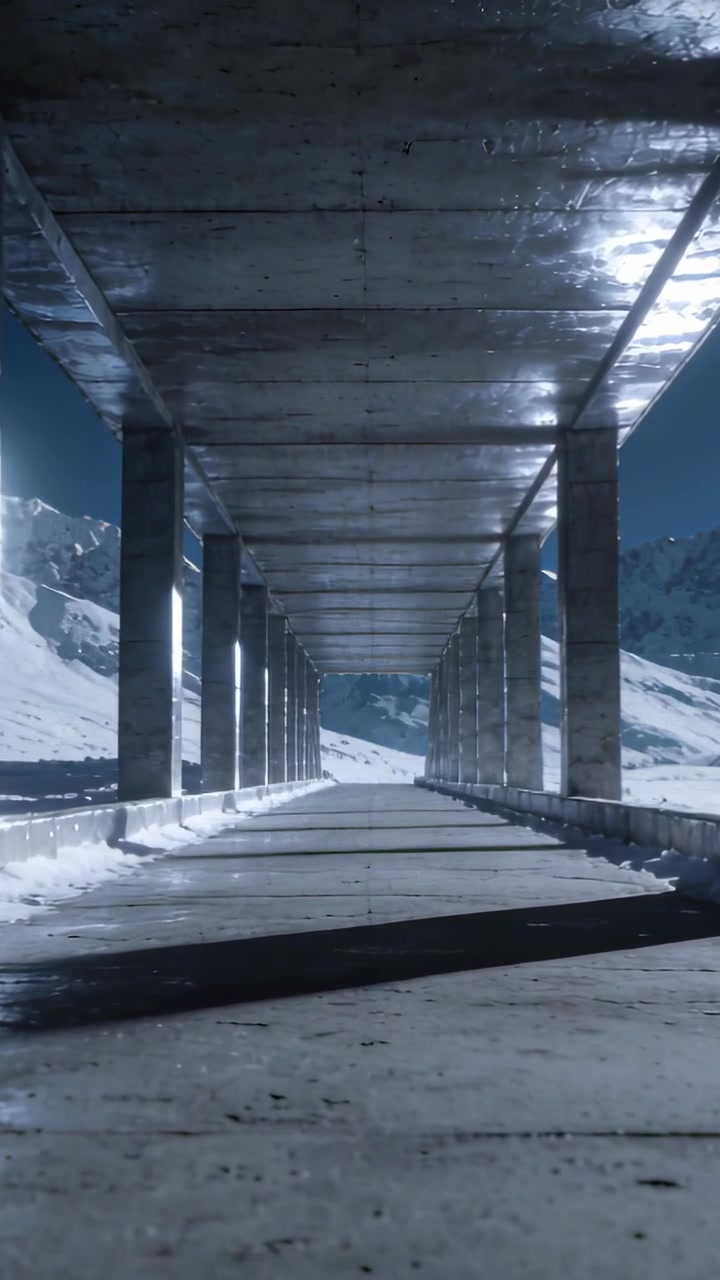 Vertical video: Panning camera revealing concrete colonnade at mountain pass, exposing snowy peaks