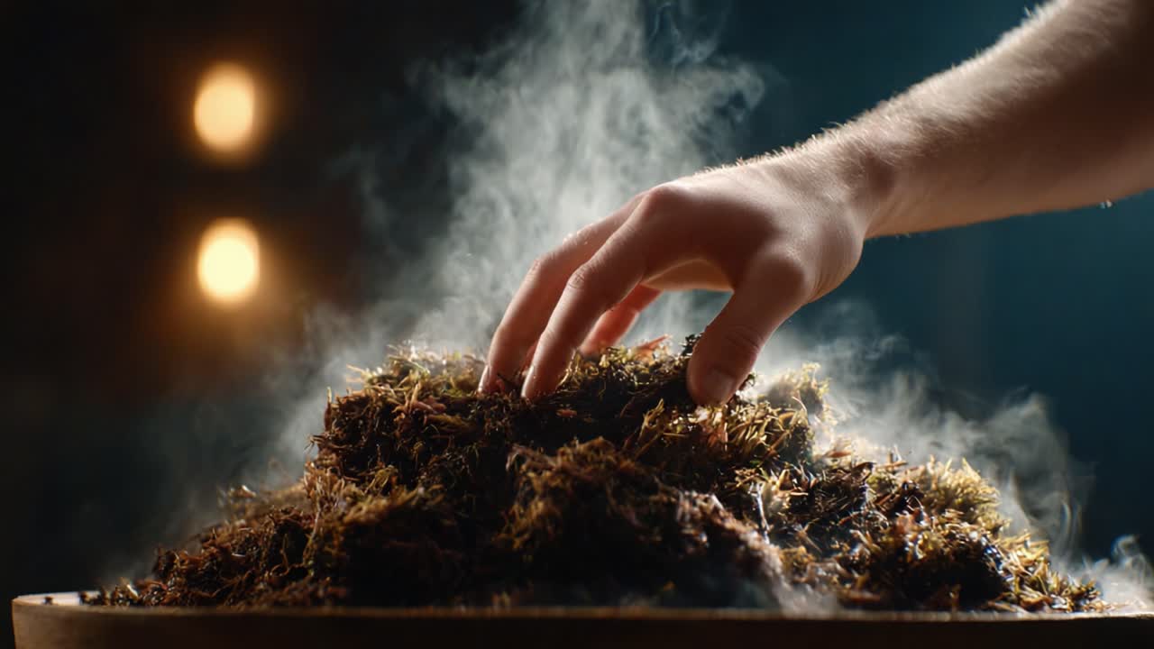 Exploring Nature's Essence: A Close-Up on the Intricate Textures and Steam Rising from a Pile of Moss Under Soft Ambient Lighting