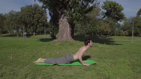joven practica yoga matutino y estiramiento en la naturaleza, yogui atractivo haciendo ejercicios de respiración y estiramiento en el tapete