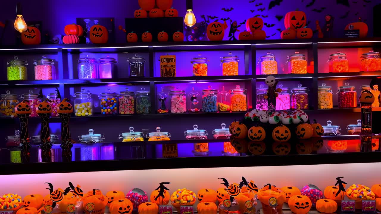 Shelves full of colorful candies and halloween decorations like pumpkins and bats, creating a spooky and festive atmosphere