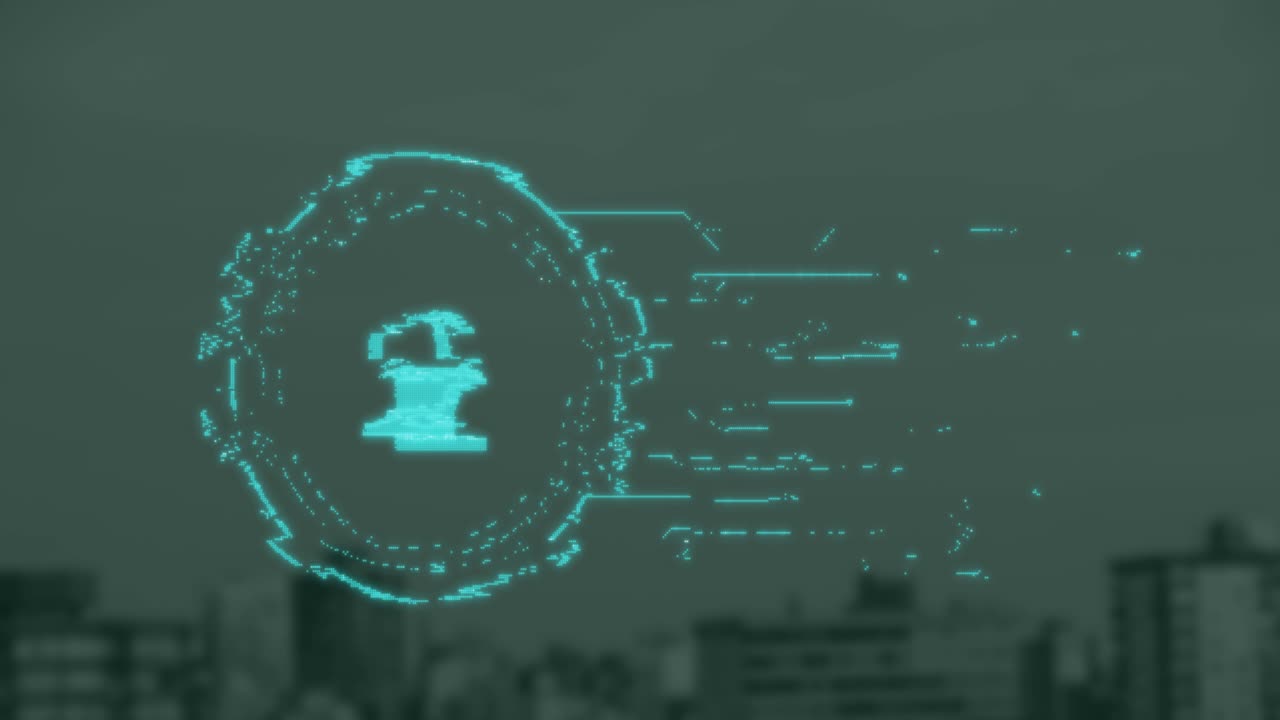 Animation of security padlock icon against aerial view of tall buildings