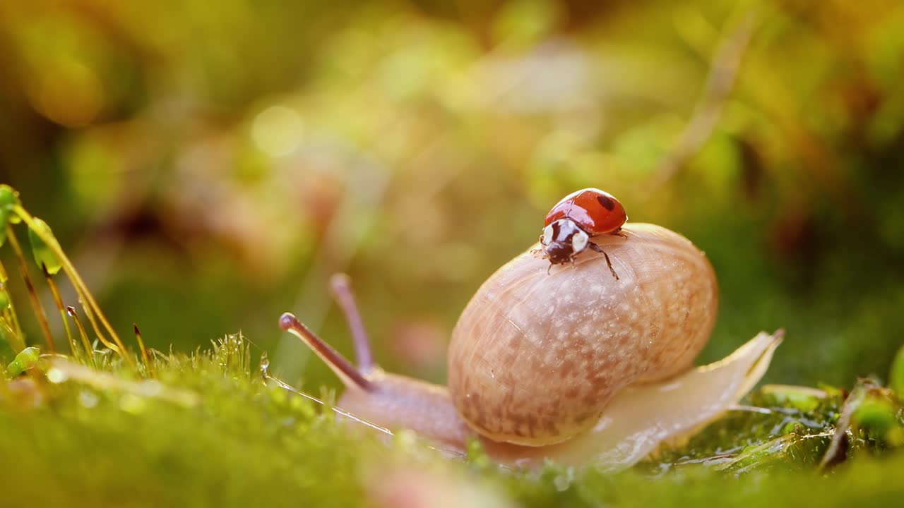 un primer plano de la vida silvestre de un caracol y una mariquita en la luz del atardecer.