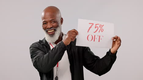 Sale,-promotion-and-senior-black-man-with-sign