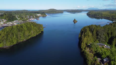 aerial drone shot of the ucluelet harbour in british columbia