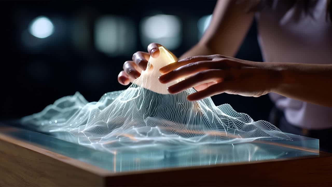 Hands gently shape glowing, wireframe terrain. Light reflects softly off translucent, mountain-like surface. User interacts with digital landscape with curiosity. Ideal for tech, design