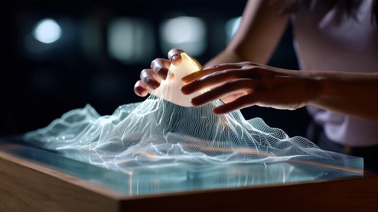 Hands gently shape glowing, wireframe terrain. Light reflects softly off translucent, mountain-like surface. User interacts with digital landscape with curiosity. Ideal for tech, design