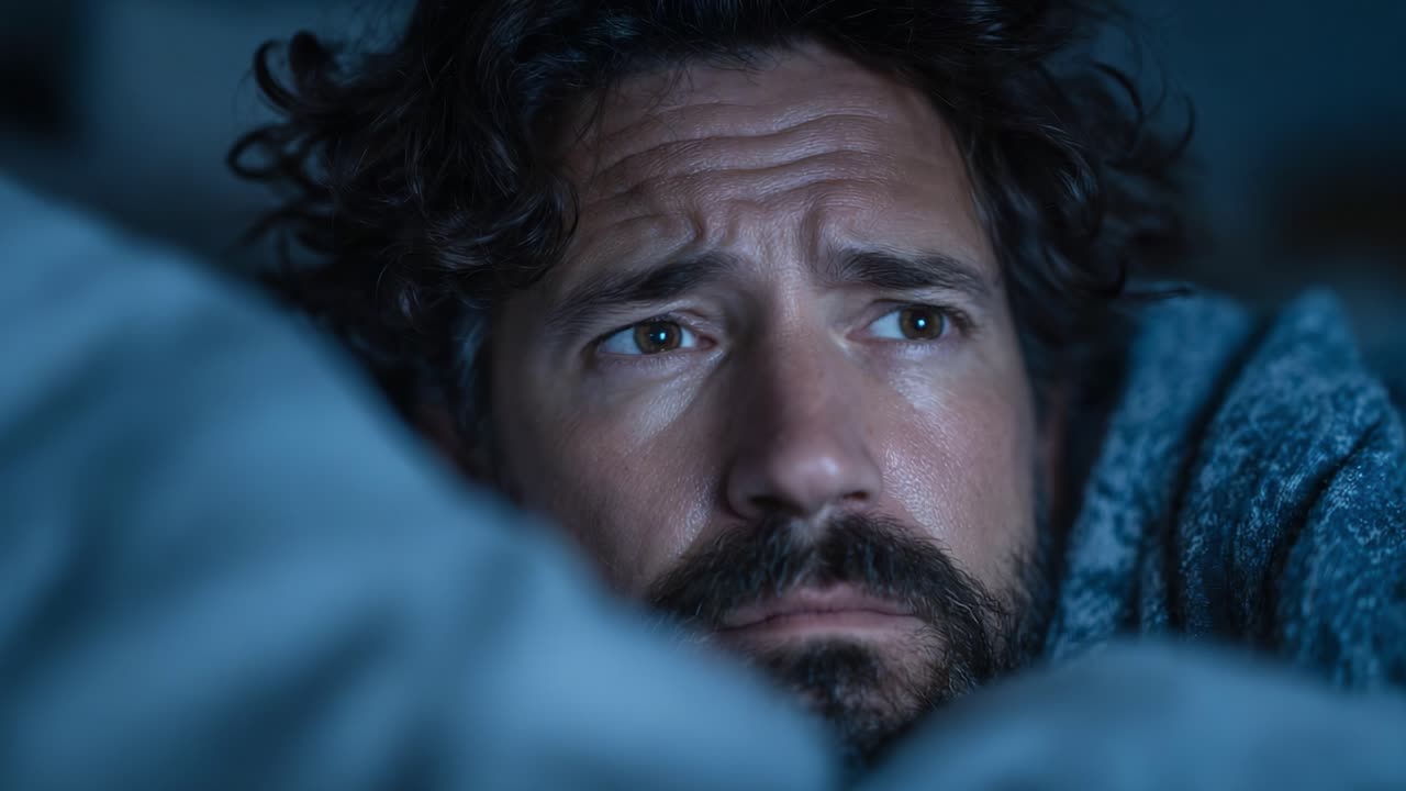 Contemplative Nighttime Awakening: A Man's Introspective Journey Through Uncertainty and Emotion in Dim Light