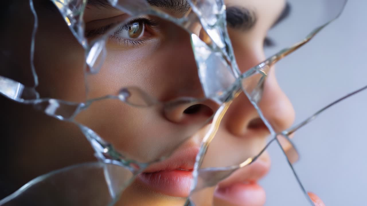 A Portrait Captured Through Shattered Glass: Exploring the Intricate Reflections and Emotion of a Young Adult's Face Framed by Fragmented Mirror Pieces