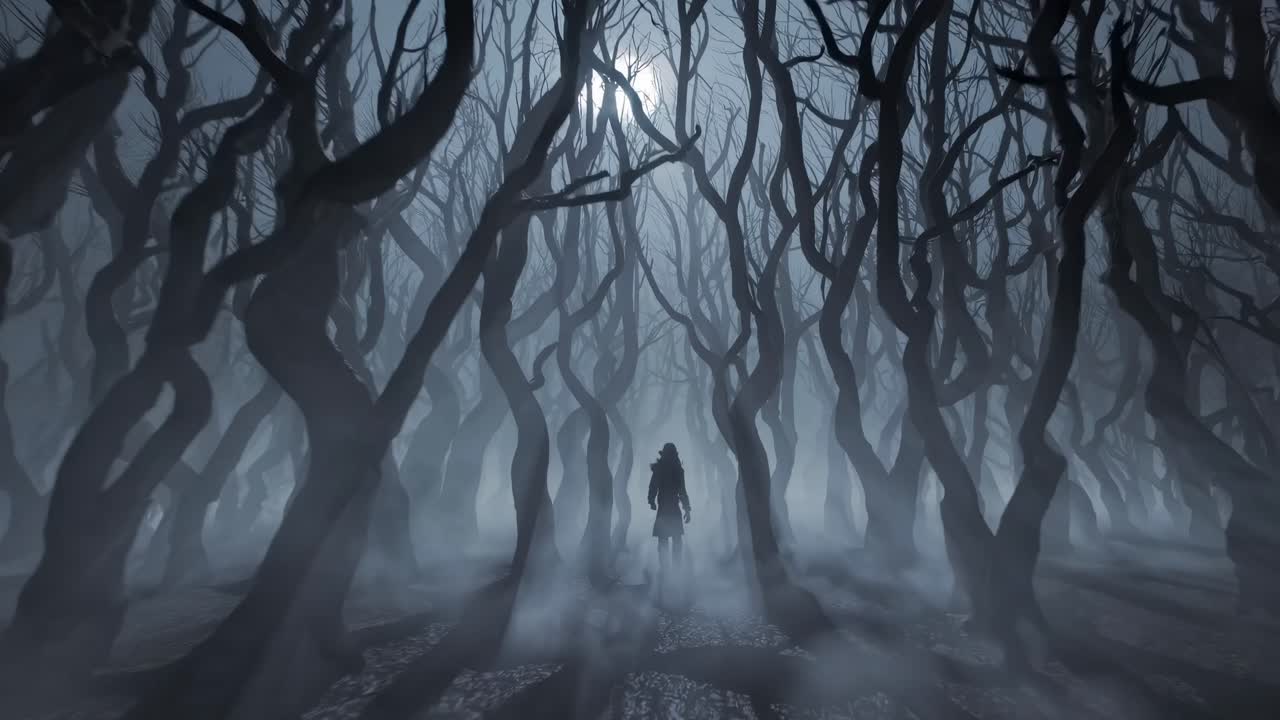 Eerie forest scene with twisted trees under moonlight, captured from a low angle