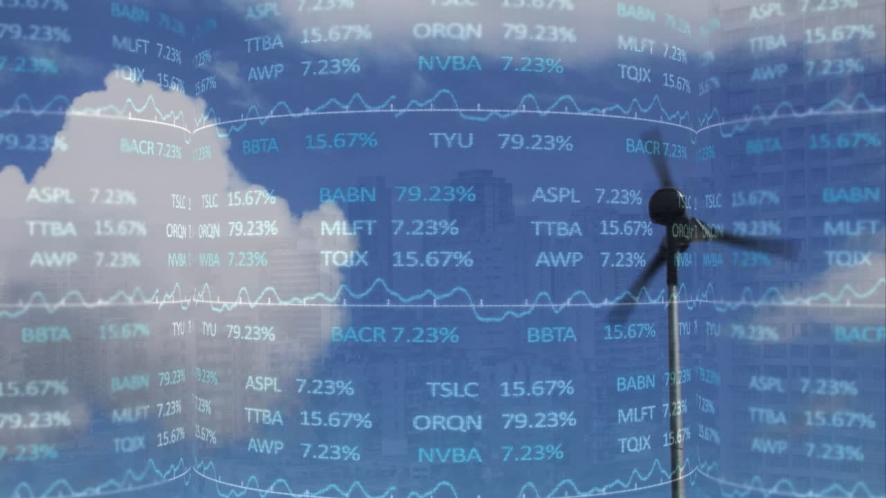 파란 하늘을 배경으로 회전하는 풍차에서 주식 시장 데이터 처리의 애니메이션