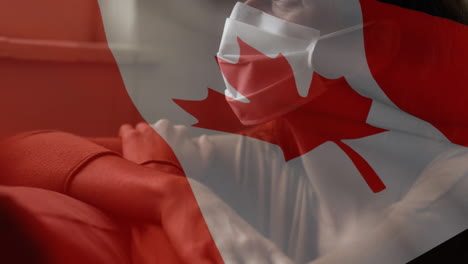 animación de la bandera de canadá ondeando sobre una mujer con máscaras faciales