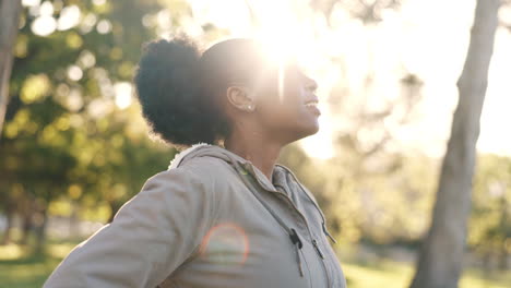 thinking, outdoor and black woman with fitness