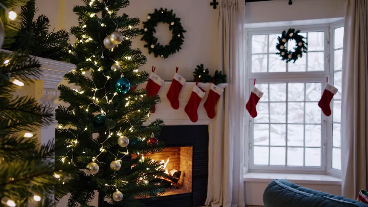 Cozy Christmas living room scene, captured at a low angle. A lit tree and stockings by the fireplace