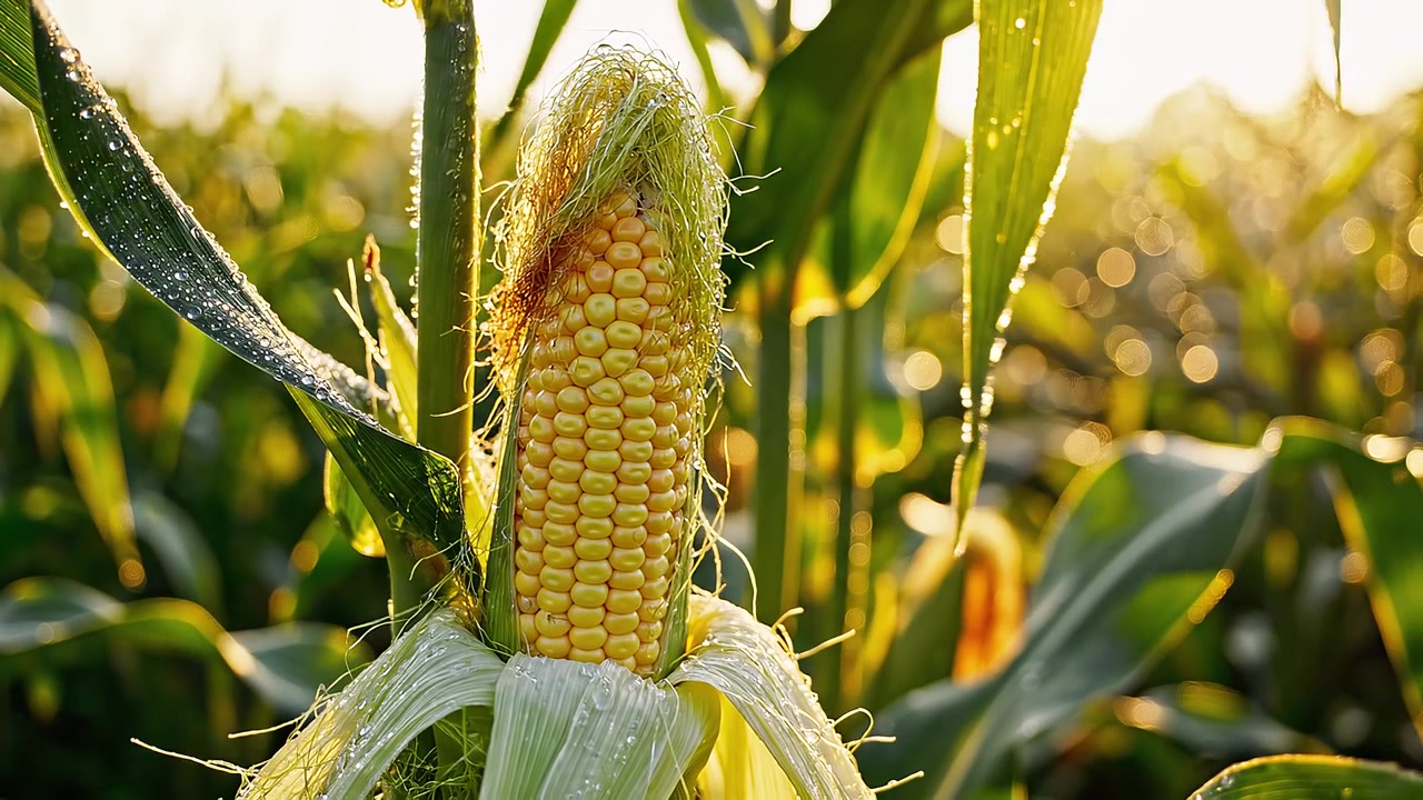 Frischer, reifer gelber Maiskolben auf einem sonnenbeschienenen goldenen Feld