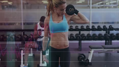 Animation-of-data-processing-over-fit-caucasian-woman-exercising,-lifting-weights