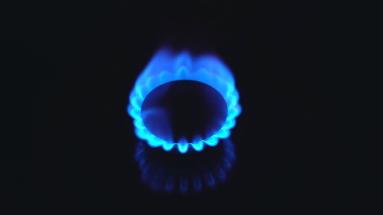 스토브  버너가 파란색 요리 불꽃으로 불타고 있습니다.