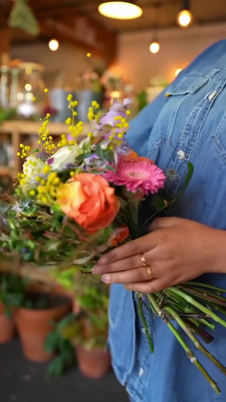 Video ravvicinato di un bouquet di fiori vivace tenuto in mano da una persona, ripreso da un angolo laterale