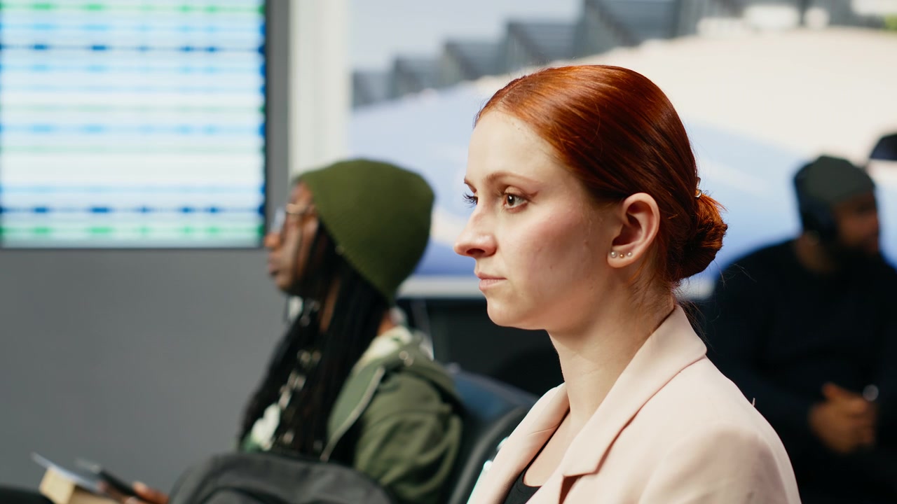 Empresária no lounge do aeroporto usando o laptop enquanto aguarda a partida do voo