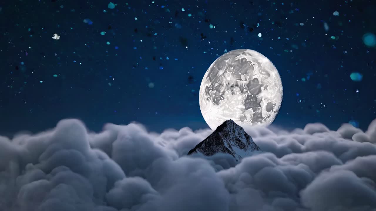 Vista aérea do pico de uma montanha emergindo através das nuvens sob uma lua cheia, criando um cenário místico