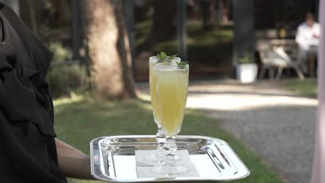 refreshing yellow cocktail served on a silver tray with mint garnish, outdoor setting