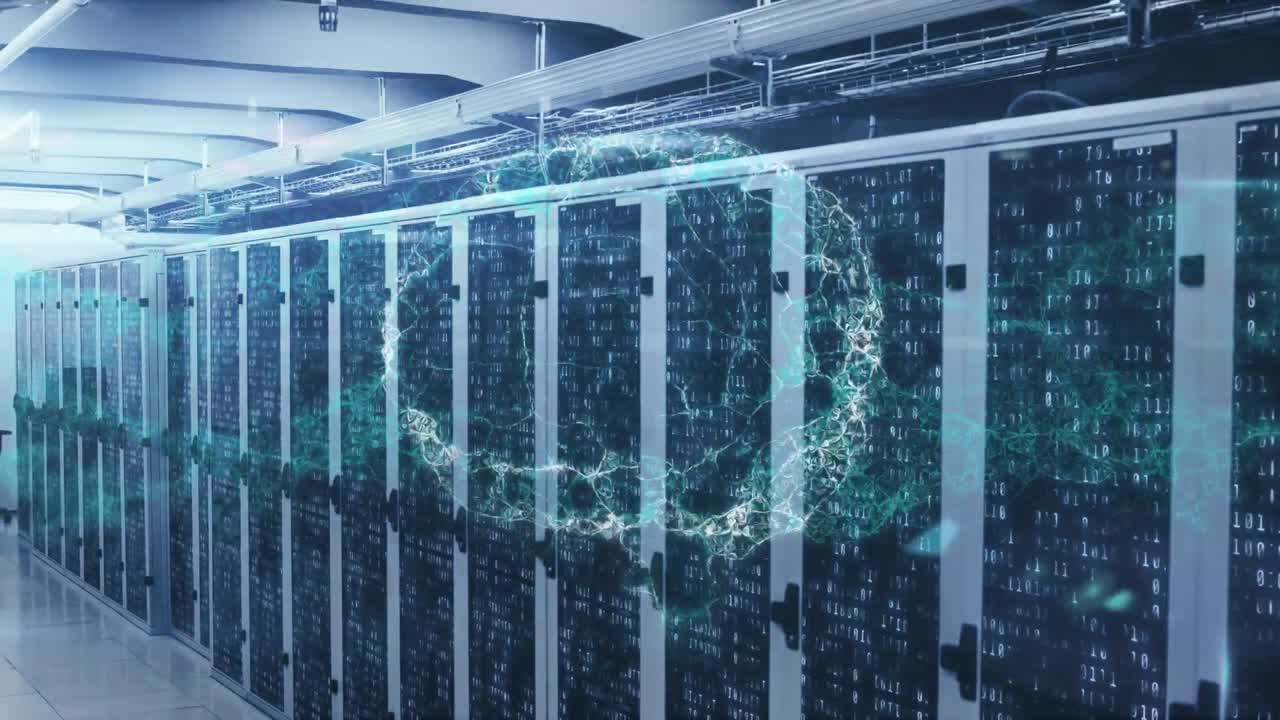 Animation of human brain icon spinning and data processing against computer server room