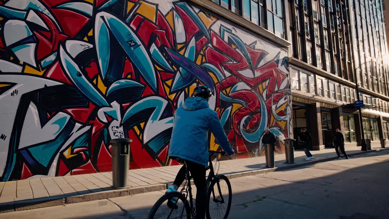 A cyclist rides past vibrant graffiti on a city street, captured from a low-angle in a dynamic urban