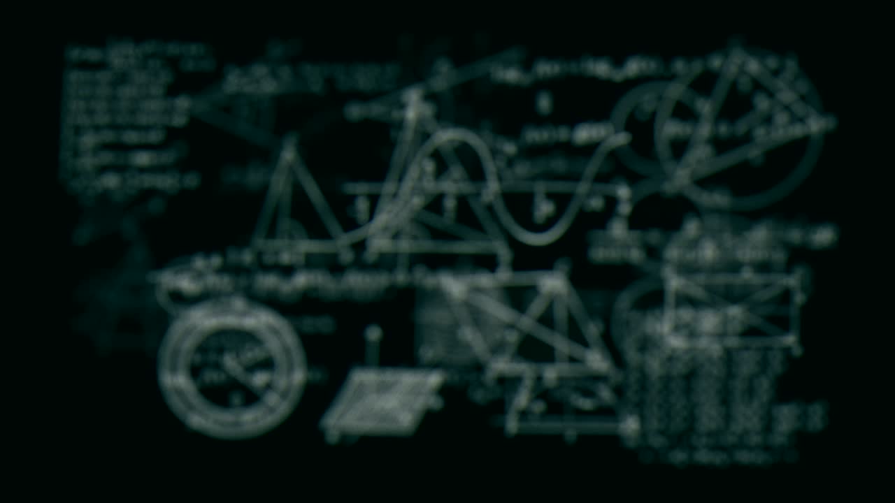 Viaggio di simboli matematici in loop che volano attraverso la telecamera