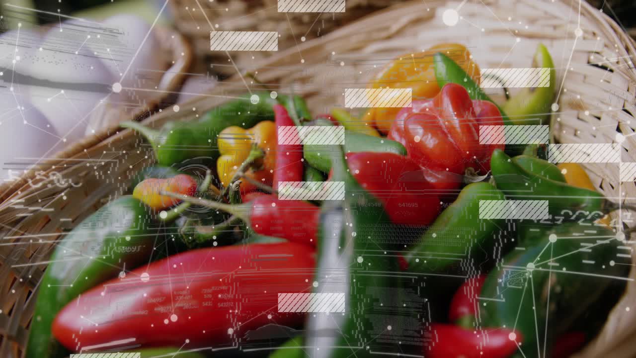 Sovrapposizione che si attiva e scorre su un cesto di peperoncini, la telecamera si sposta evidenziando i dati sui peperoncini.