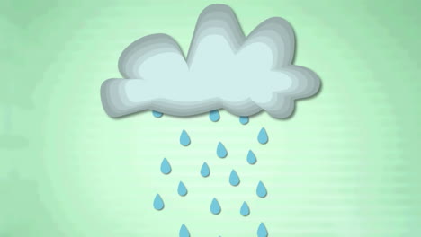 animation of blue raindrops falling from light grey cloud on pale green background