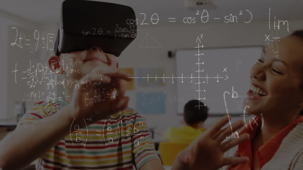 vr 헤드 ⁇ 을 착용한 학교생에 대한 수학 방정식의 애니메이션