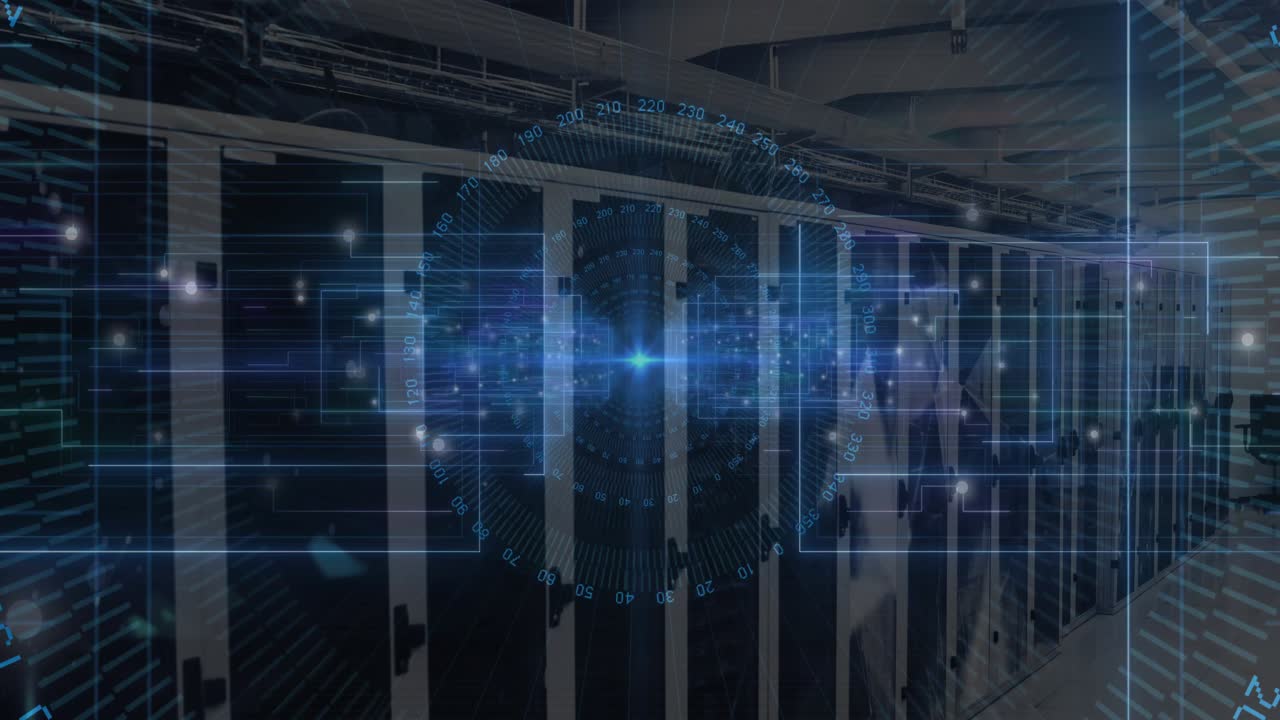 Faint blue beam appearing on server racks initiating rotating dial and sliding scans diagnosing