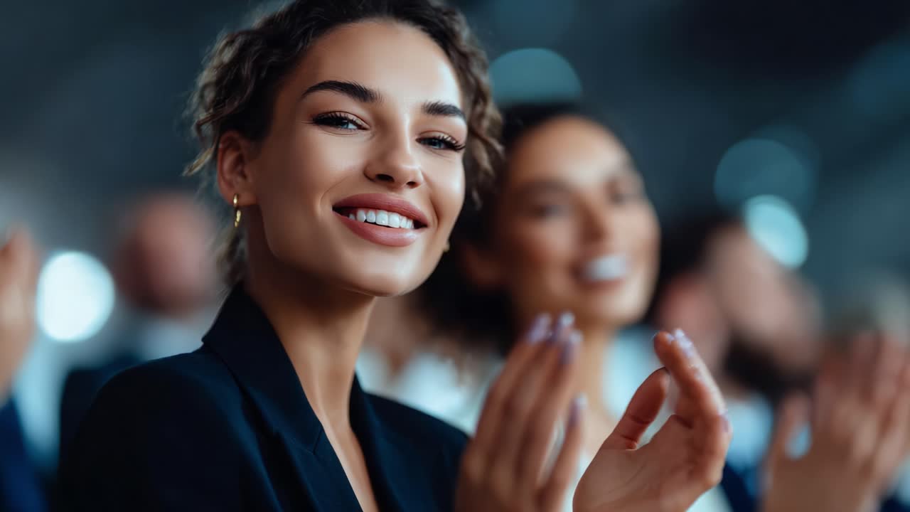 Captivating Moments of Applause: A Woman's Warm Smile and Engaged Expressions in a Dynamic Audience Setting, Reflecting Joy and Appreciation for a Stellar Performance