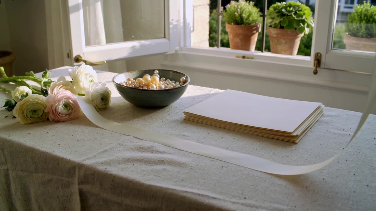 Floating ribbon descending across linen table at window, brushing pearl bowl, driven by breeze