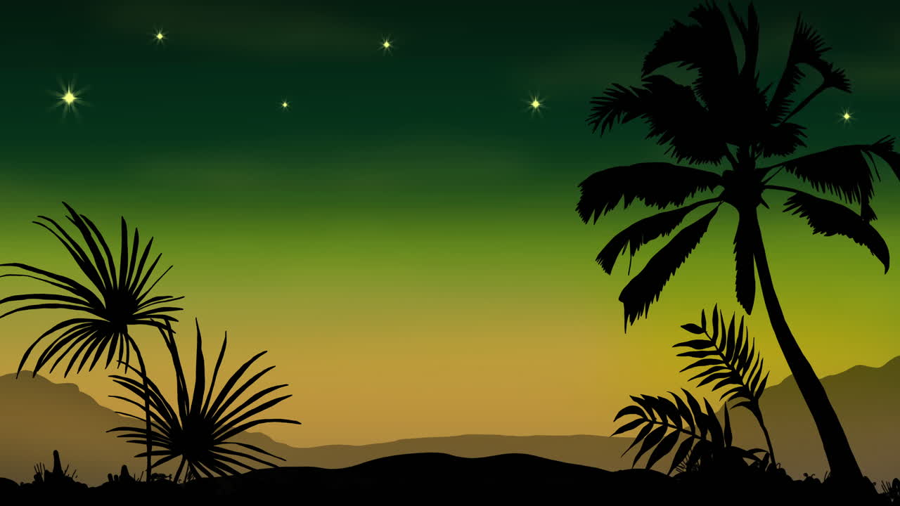 Animation of palm trees and stars on green background