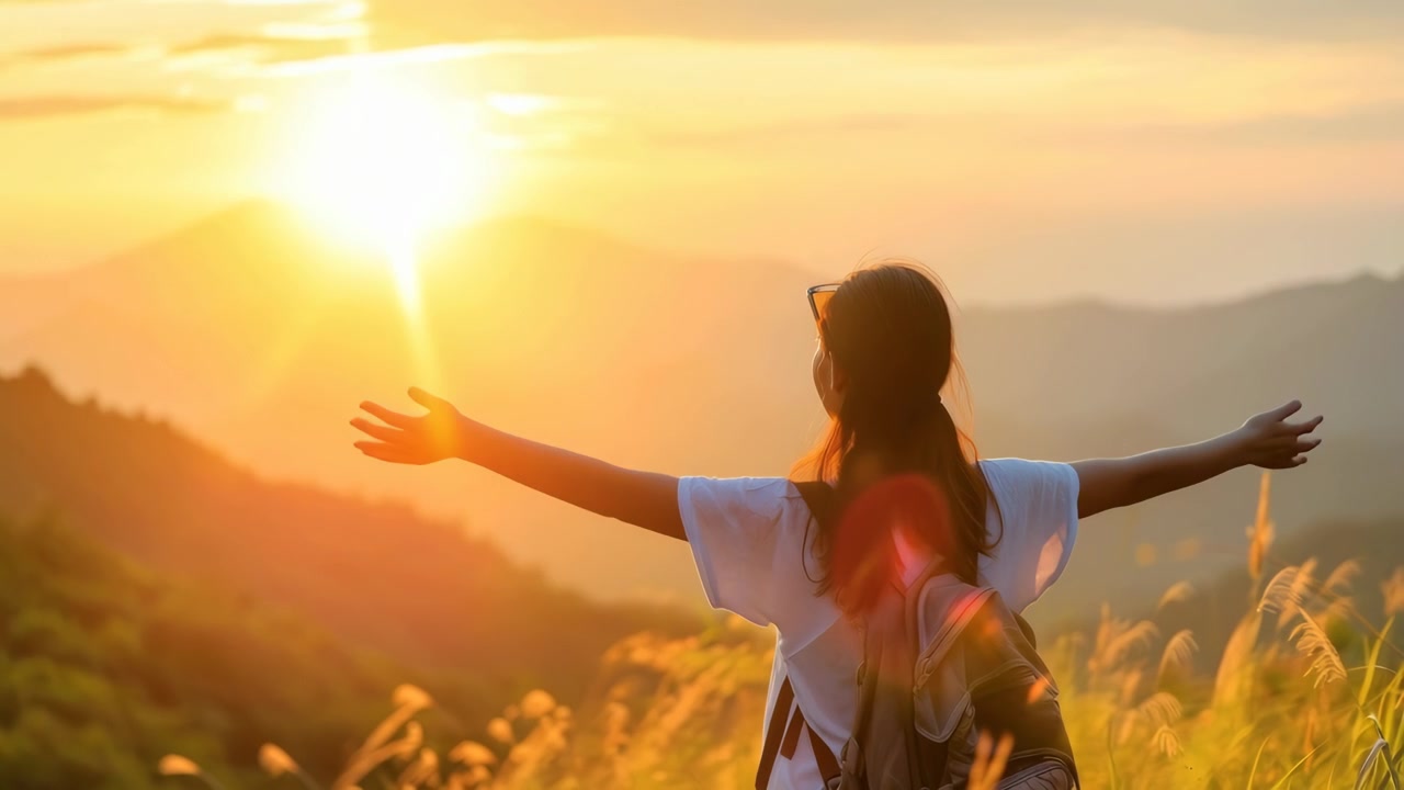 Mujer joven con mochila disfrutando del atardecer en la cima de una montaña