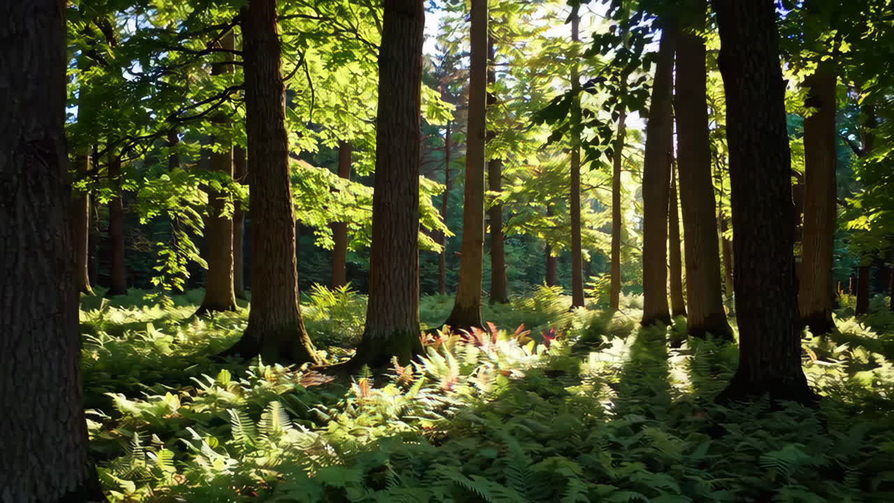 Il sentiero della foresta illuminato dal sole con le felci