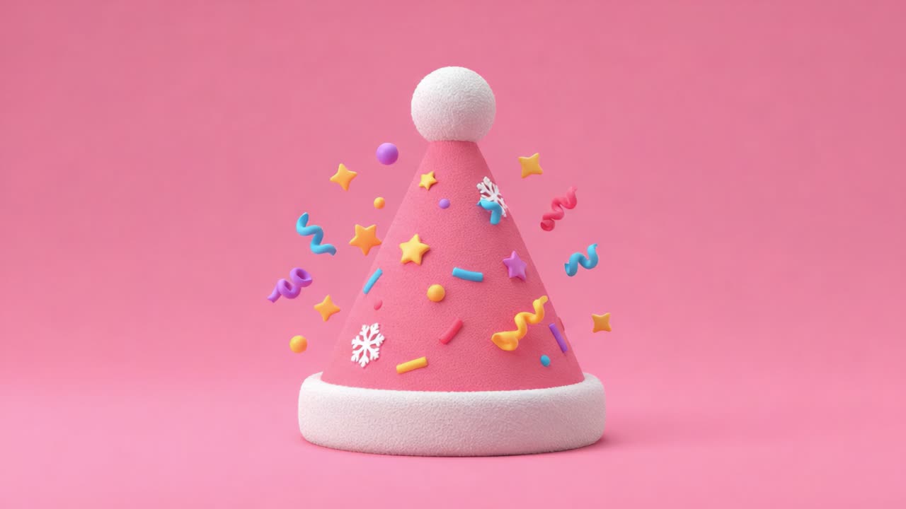 Festive Pink Party Hat Surrounded by Colorful Confetti and Stars, Creating a Joyful Celebration Atmosphere Perfect for Any Festive Occasion