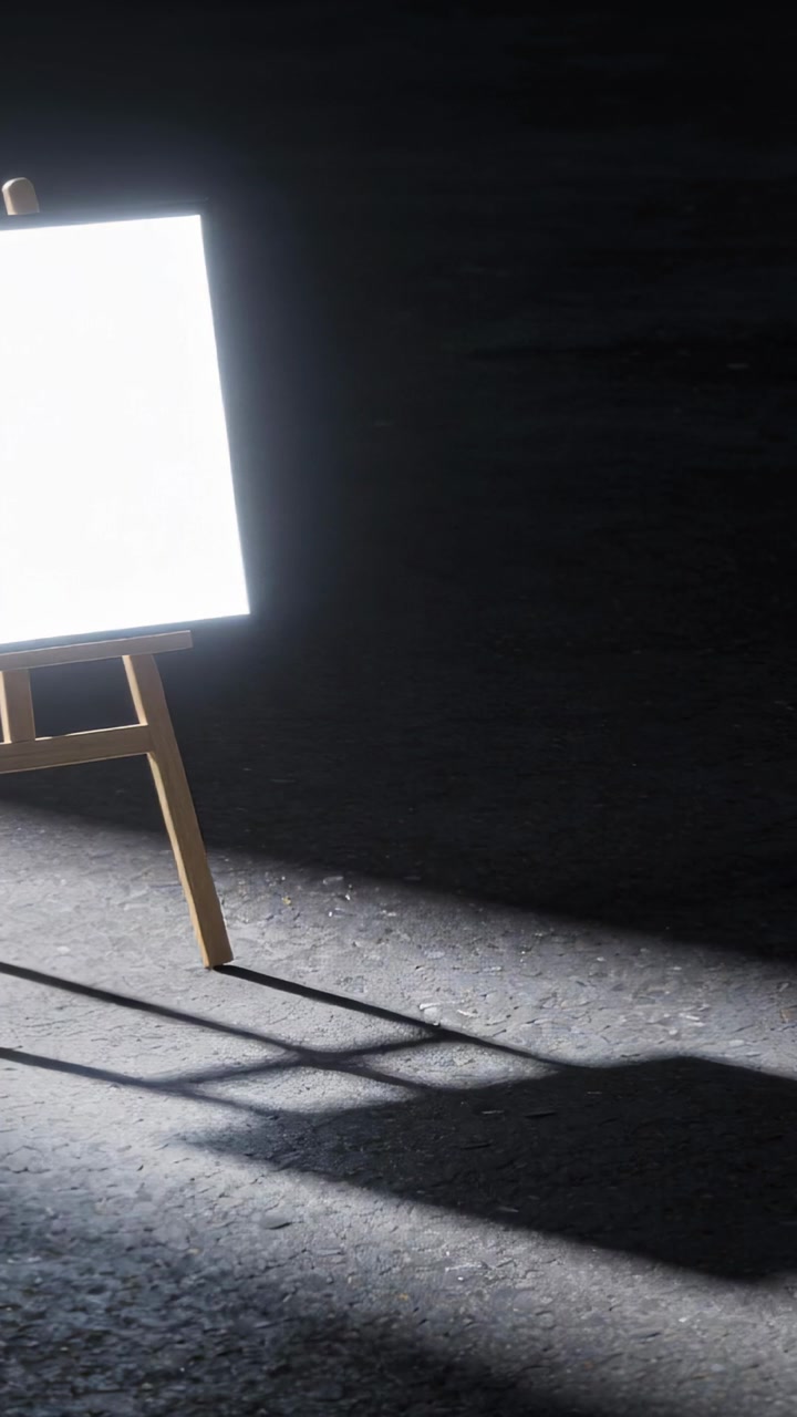 Video verticale: Luce tremolante che sfiora la telecamera, ombre in movimento su tela e cavalletto sul set, spazio per il testo.