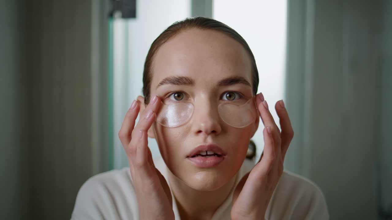 Model using eyes patches in bathroom closeup. Delicate daily beauty routine