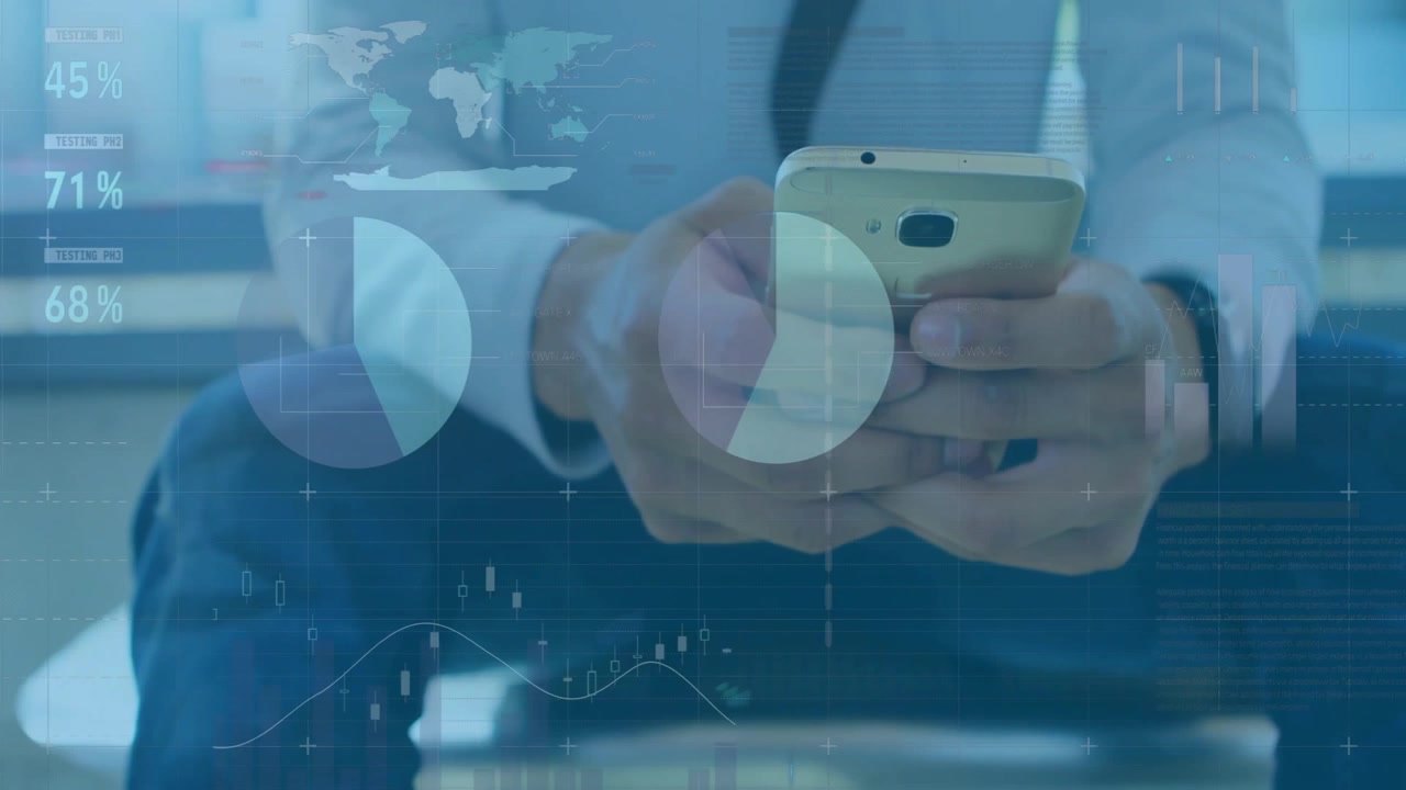 Businessman using smartphone in office viewing pie or bar charts updating tapping or swiping for ins