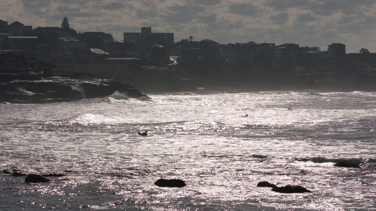 Waves Crash with people swimming at sunrise early in the morning, Manly Beach Sydney Australia