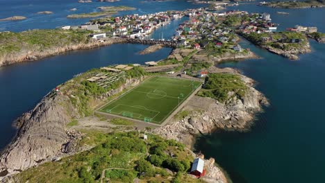 norway lofoten football field stadium in henningsvaer from above.