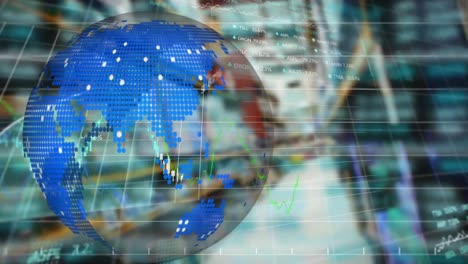 animation of globe and financial data processing over warehouse