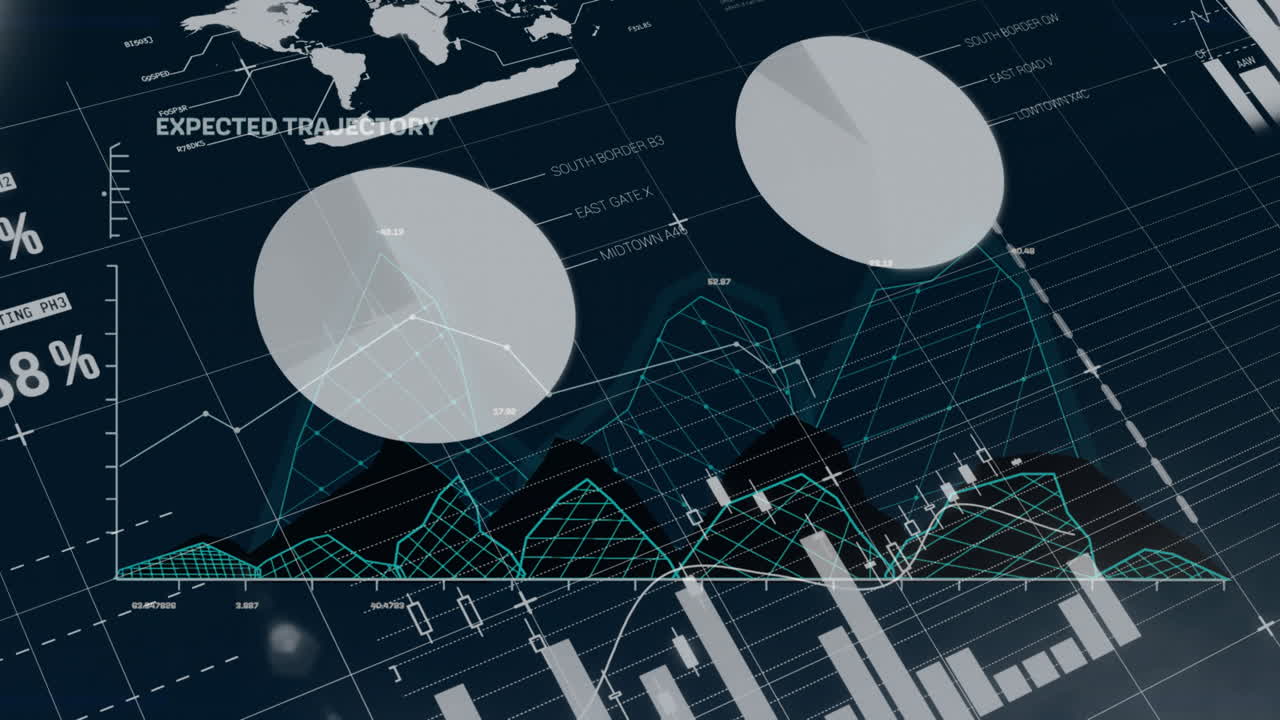 Animation of data processing over diagrams and world map on black background