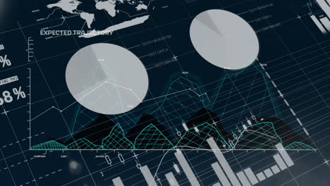 Animation-of-data-processing-over-diagrams-and-world-map-on-black-background