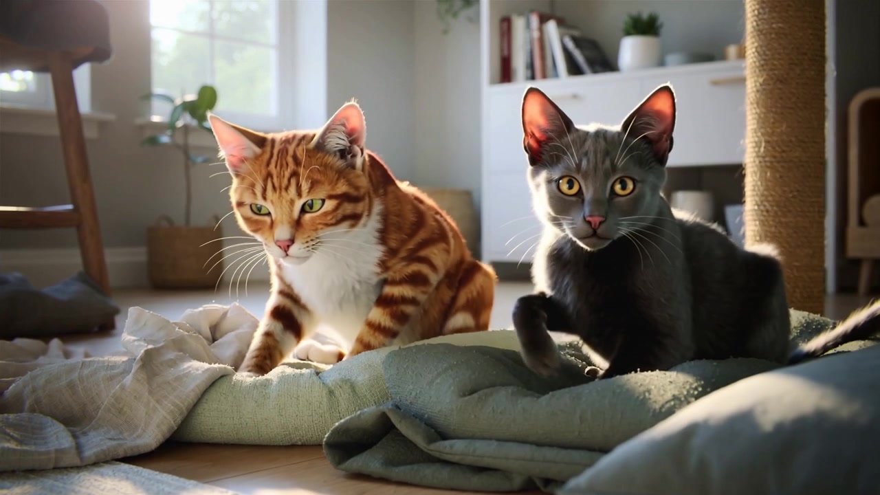 Due gatti domestici entrano da destra, annusano una cuccia verde chiaro, si sistemano e riposano in una stanza illuminata dal sole.
