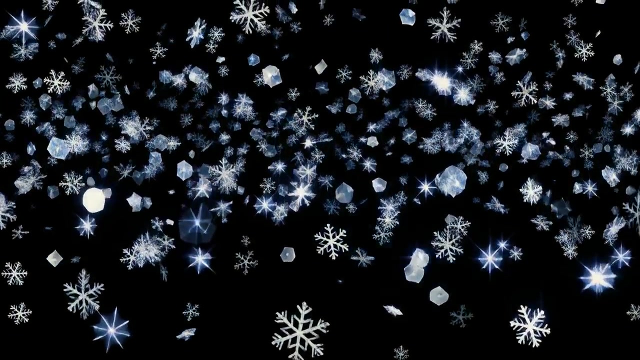 Fallende snøflak og iskrystaller på svart bakgrunn