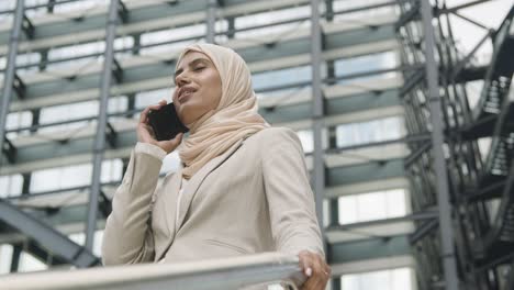 muslim businesswoman on mobile phone standing outside office in city