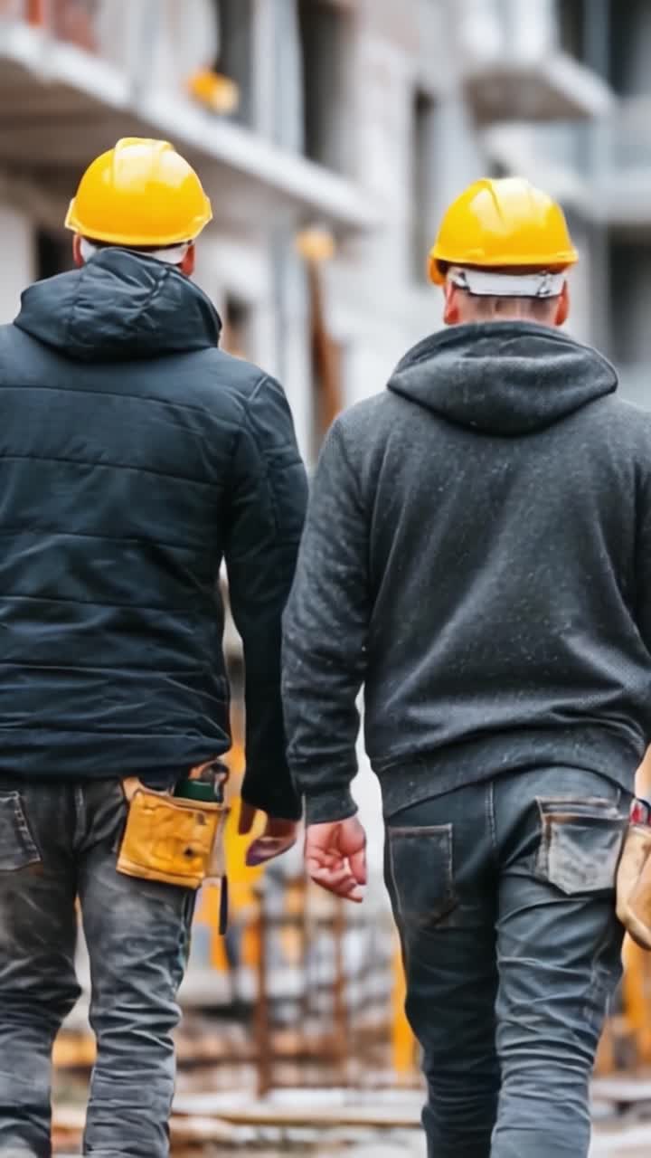 Two Construction Workers Collaborating on a Job Site, Showcasing Teamwork and Safety on a Building Project with Hard Hats and Tool Belts